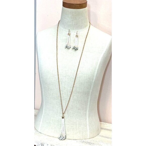 Gold Tone White Beaded Tassel Long Necklace and Earrings Set - Picture 5 of 6